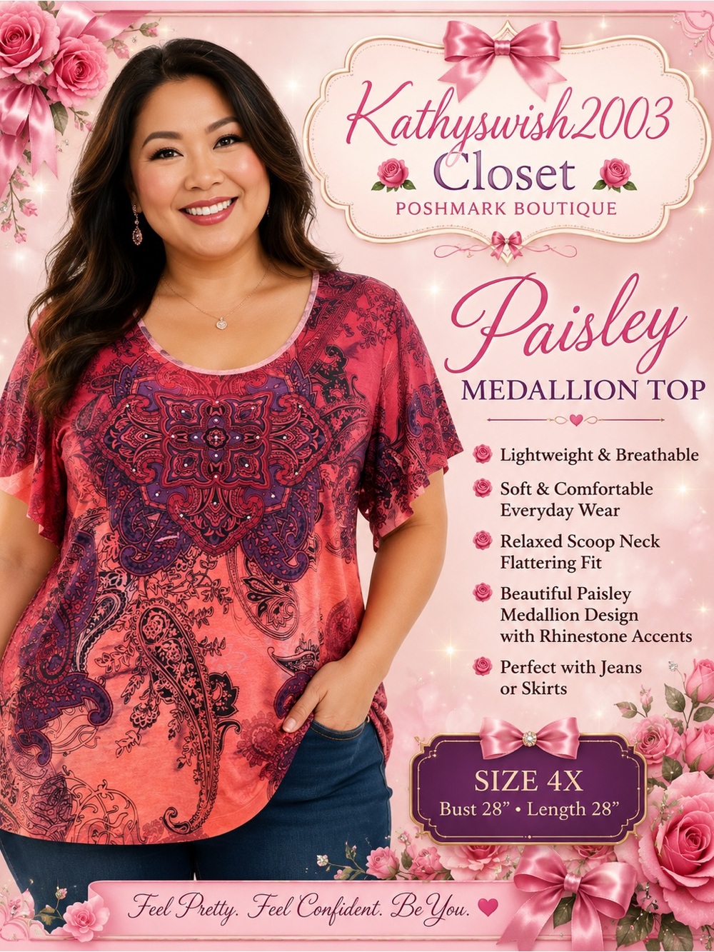 Women’s Coral Paisley Scoop Neck Short Sleeve Top